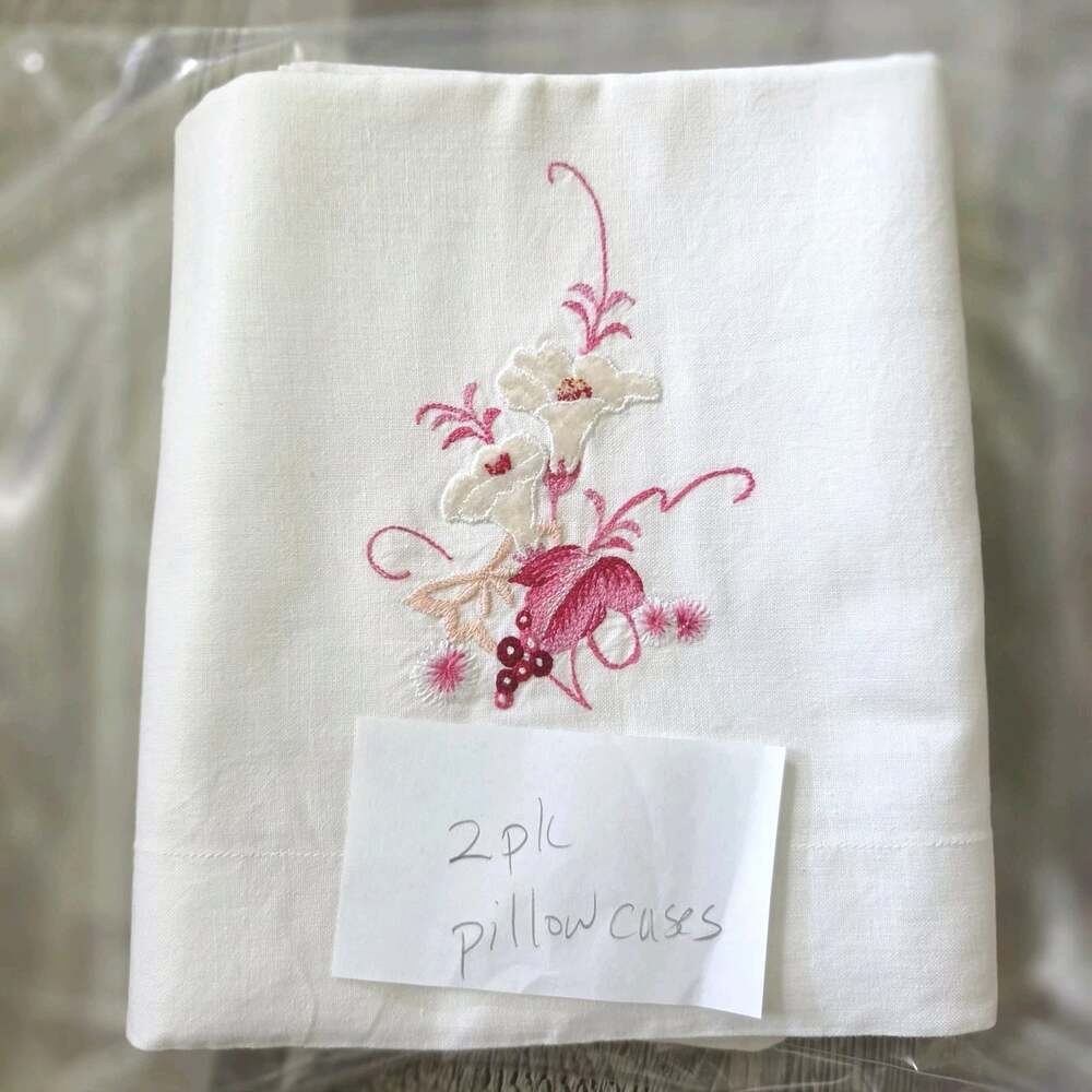 Vintage Handmade Embroidered Floral Pillowcases White Cotton 2 Piece Set Cottage